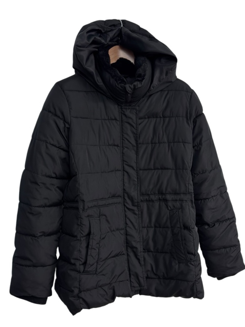 Gap Black Hooded Mid Puffer Jacket Faux Fur Collar Women’s Large Coat Warm